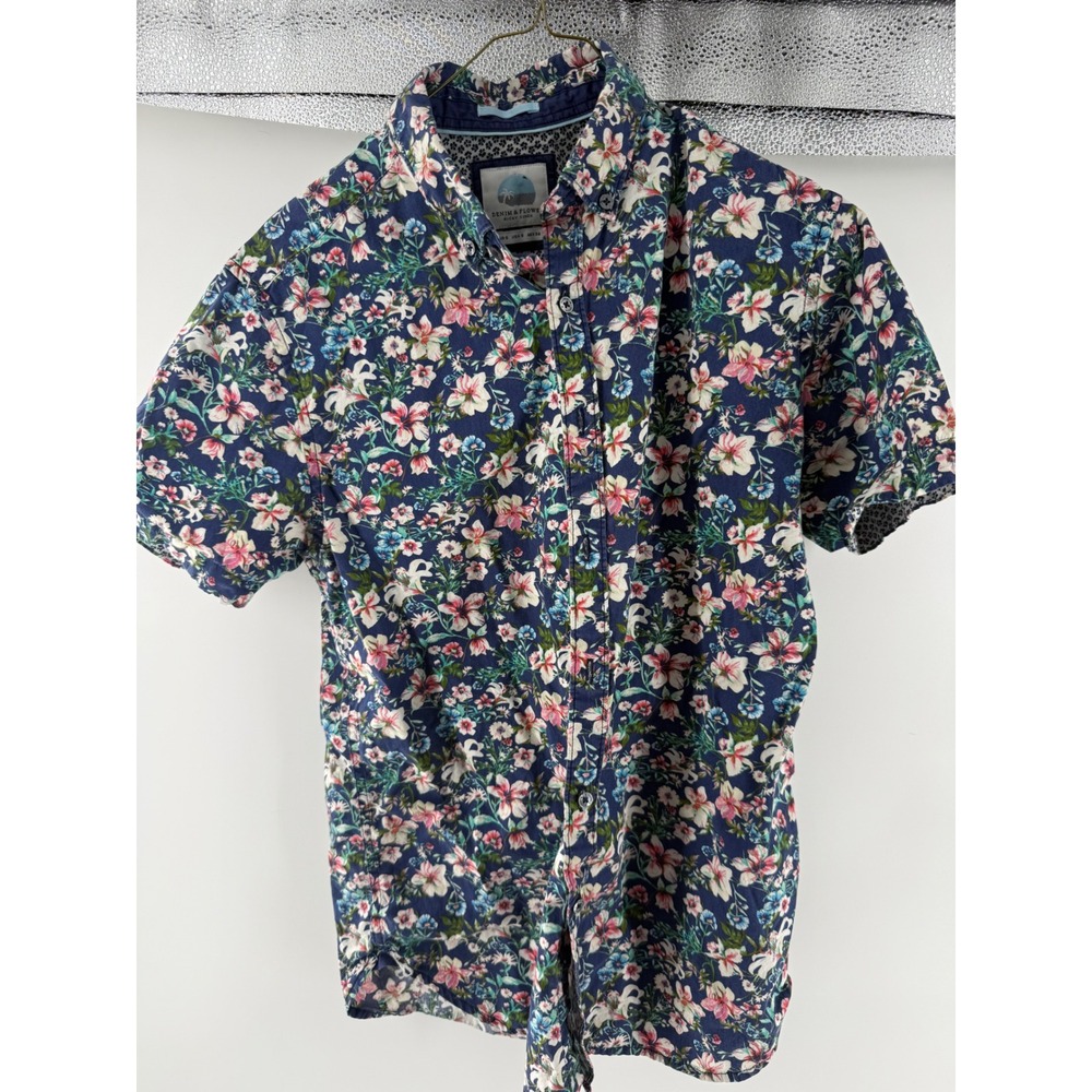 Denim & Flower Ricky Singh Mens Small Navy Floral Cotton Short Sleeve Shirt